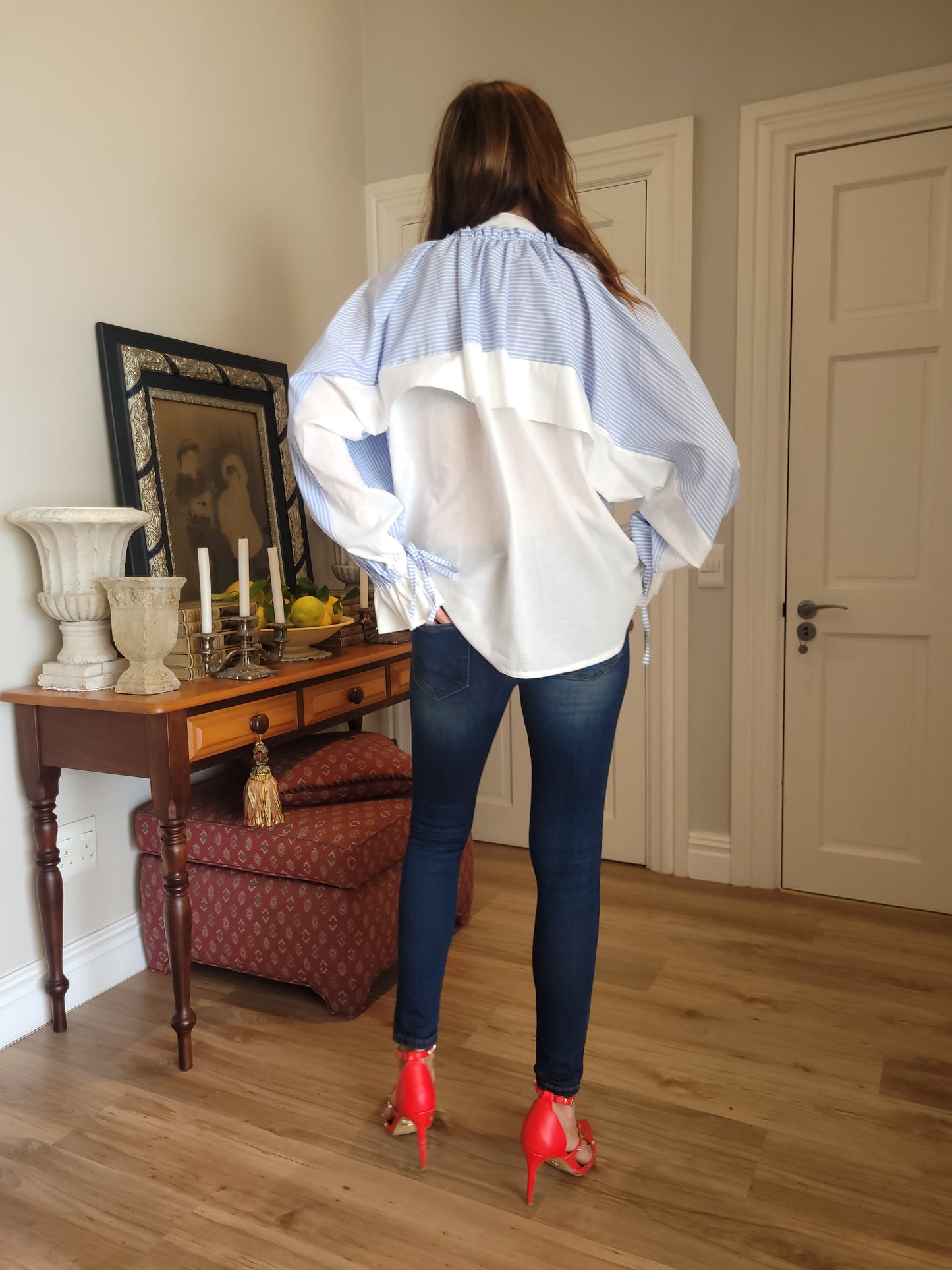 Oversize blue/white pinstripe 100% cotton shirt.