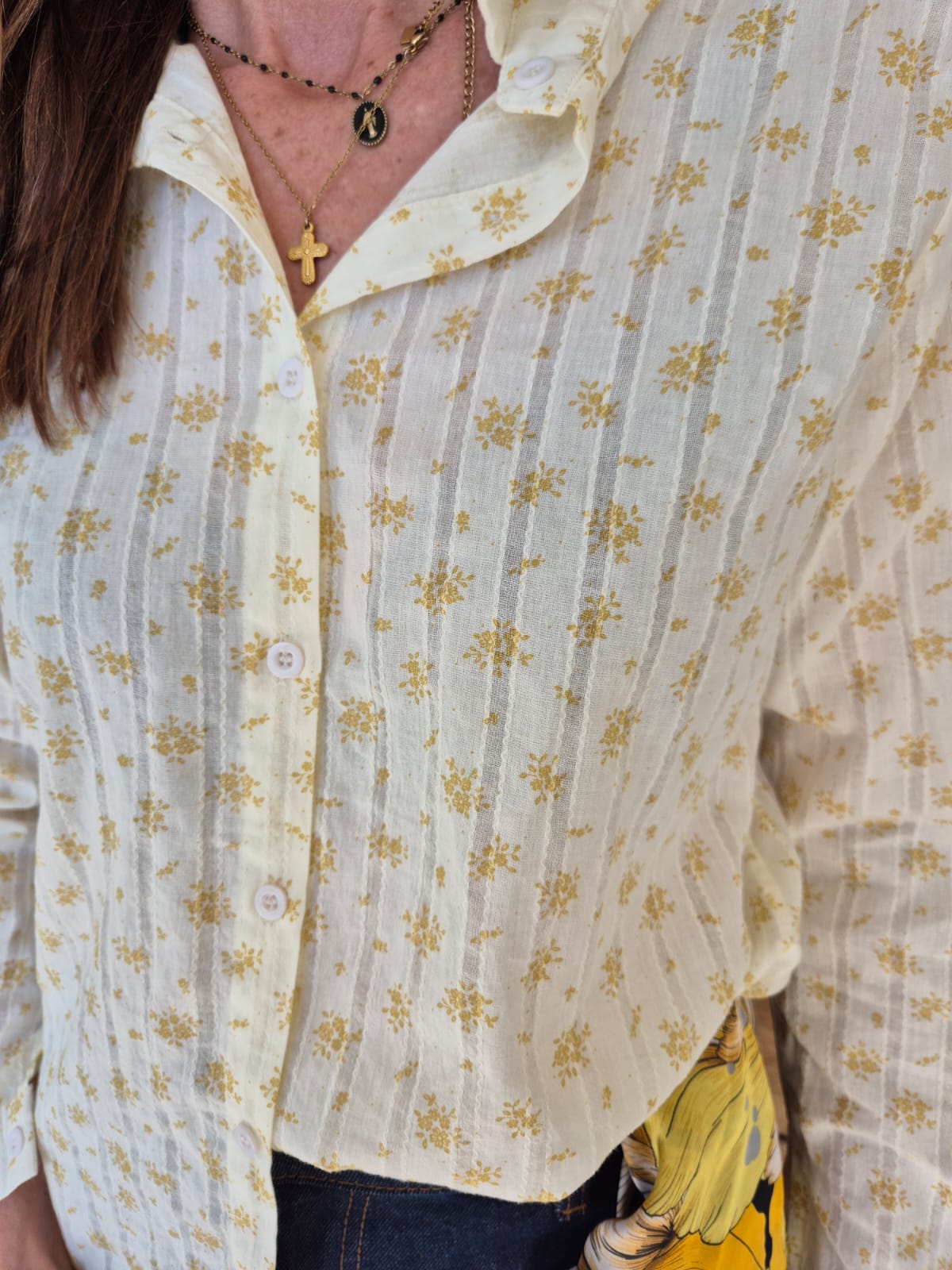 100% Cotton Shirt with Ochre Yellow Floral Print