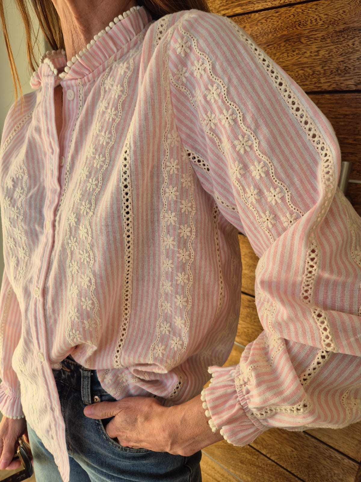 Pink & Cream Pinstripe Blouse with Delicate Embroidery detail