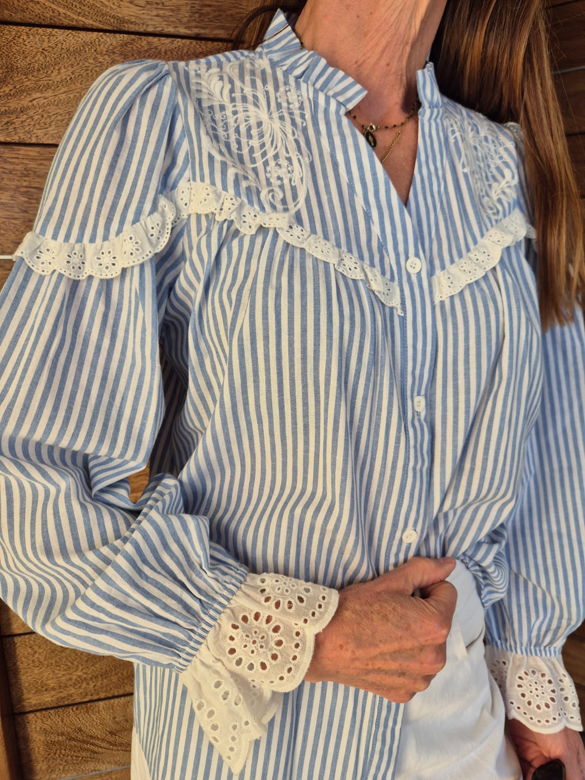 Blue & White Pinstripe Blouse with Embroidery
