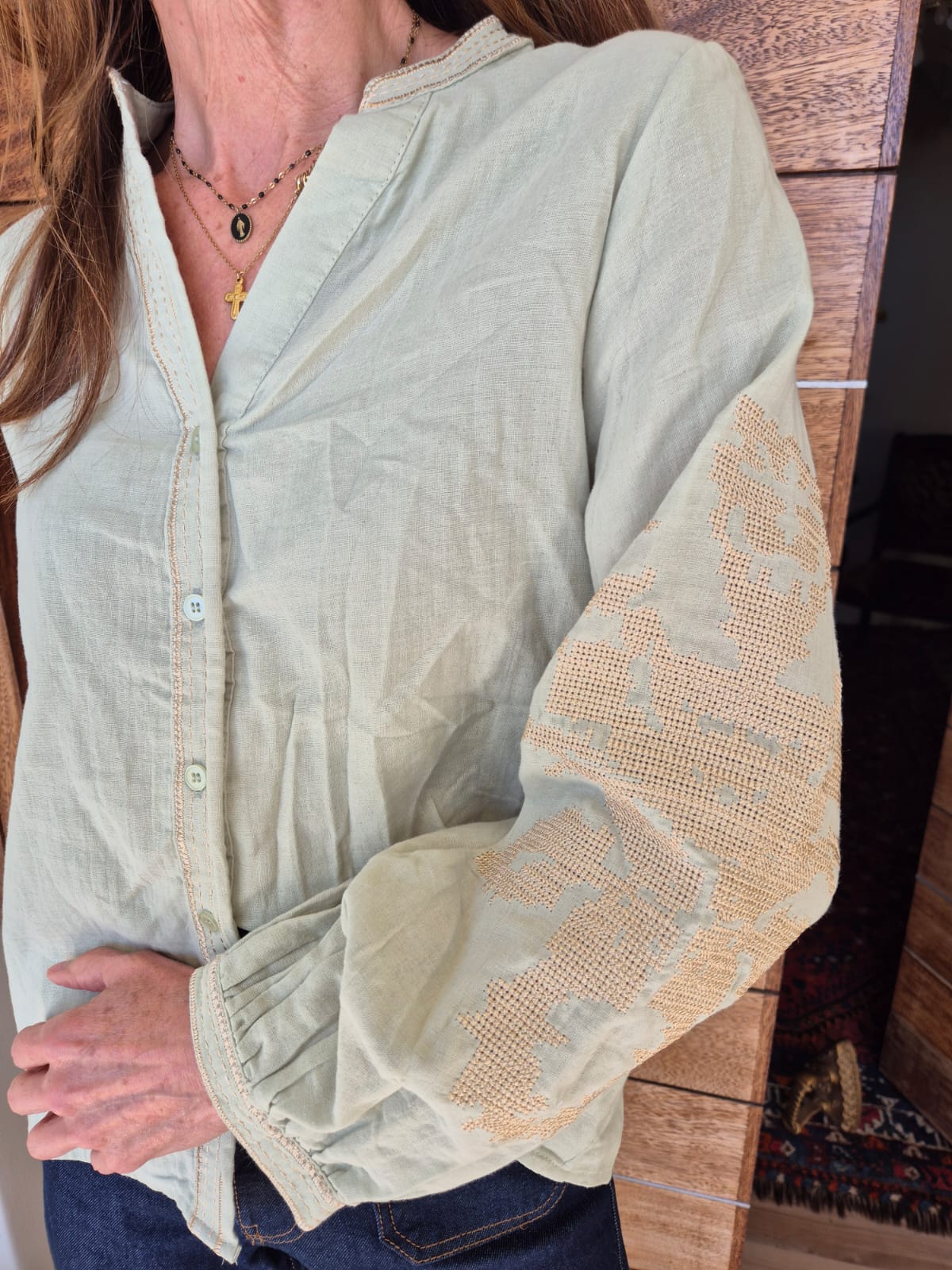 Mint Green Blouse with Embroidery on Sleeve, Front & Cuffs