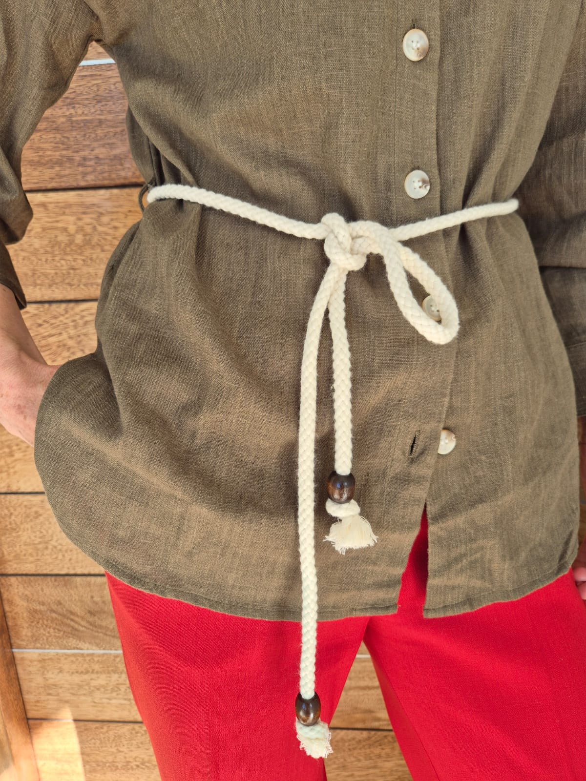 Olive Green Blouse with 3/4 Sleeve and rope tie detail