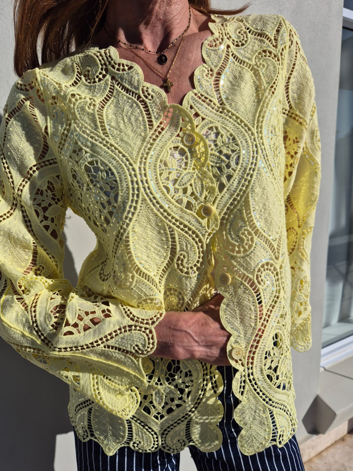 Citron Yellow Lace Cut-out Blouse with Sequins detail