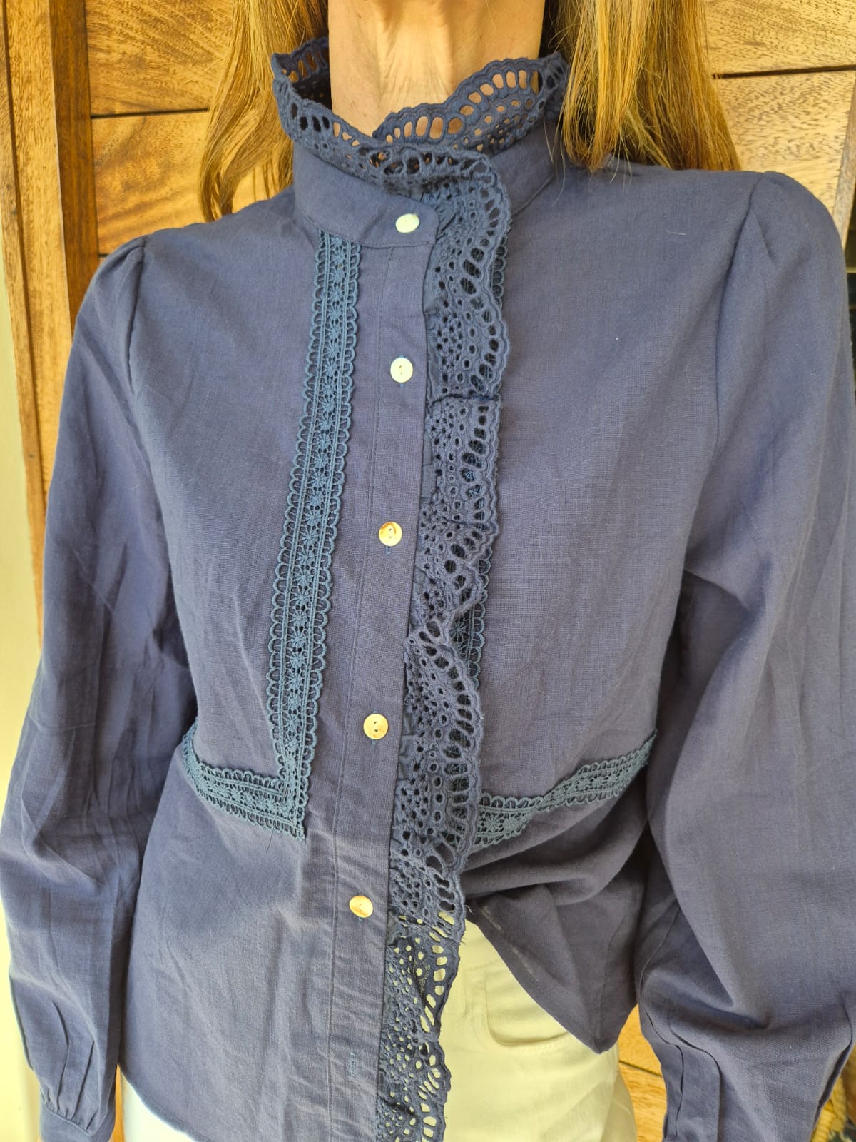 Navy Blouse with Anglaise & Lace detail on neck & front