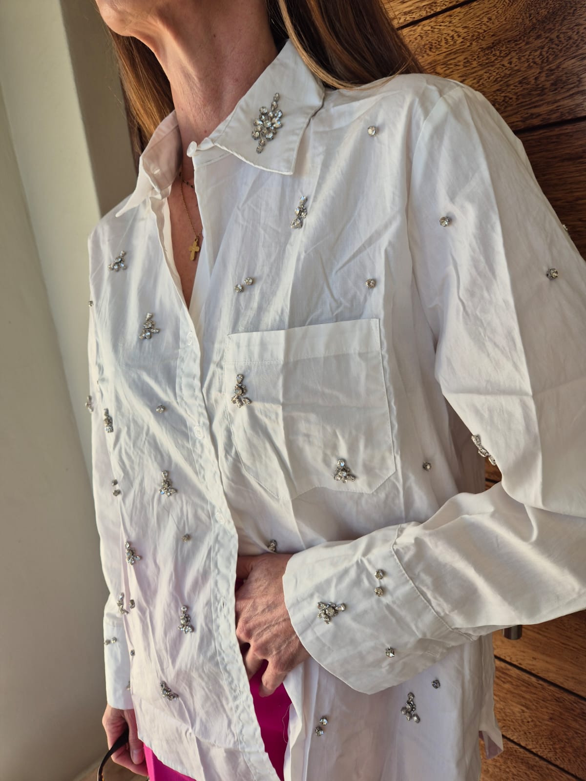 White Blouse with Diamante detail on Front, Cuff & Collar