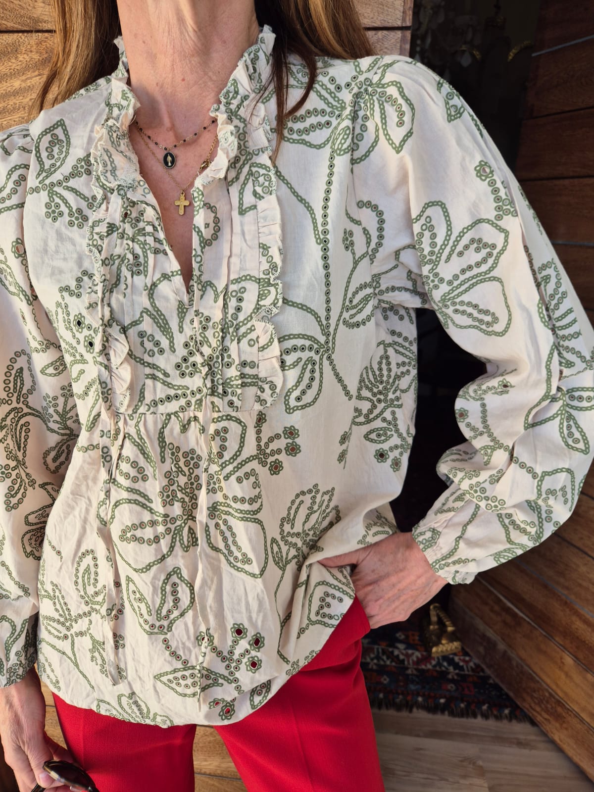 Stone Blouse with Cut-out Olive Green Detail