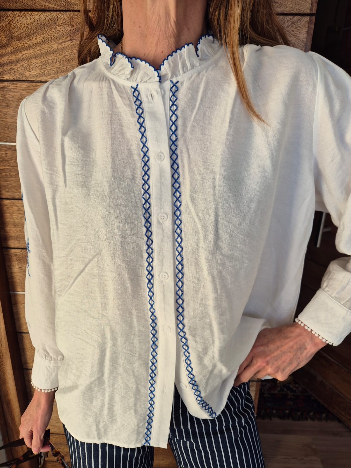 White Blouse with Blue Embroidery on Sleeve, Front & Collar