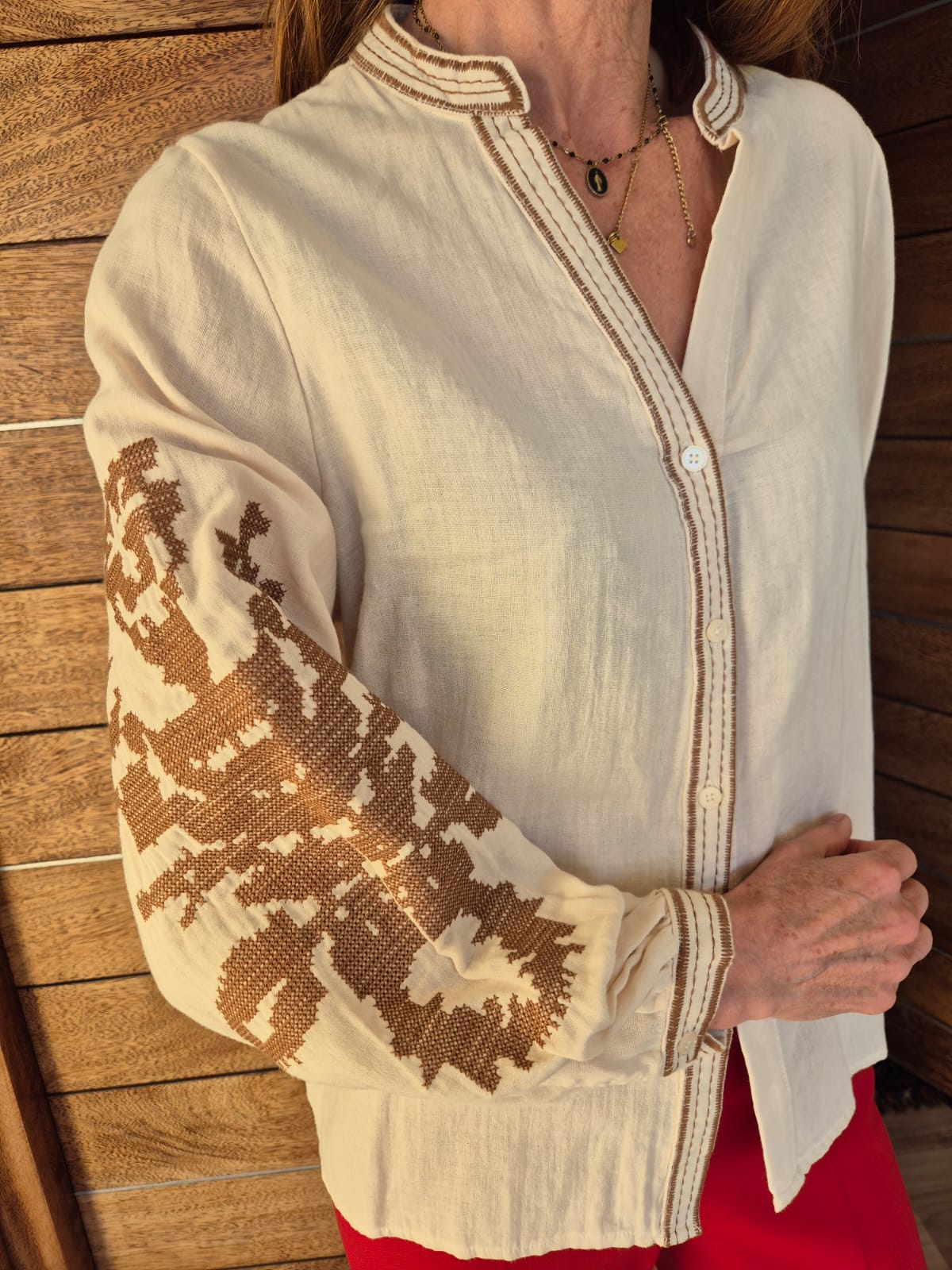 Stone Blouse with Brown Cross Stitch Detail