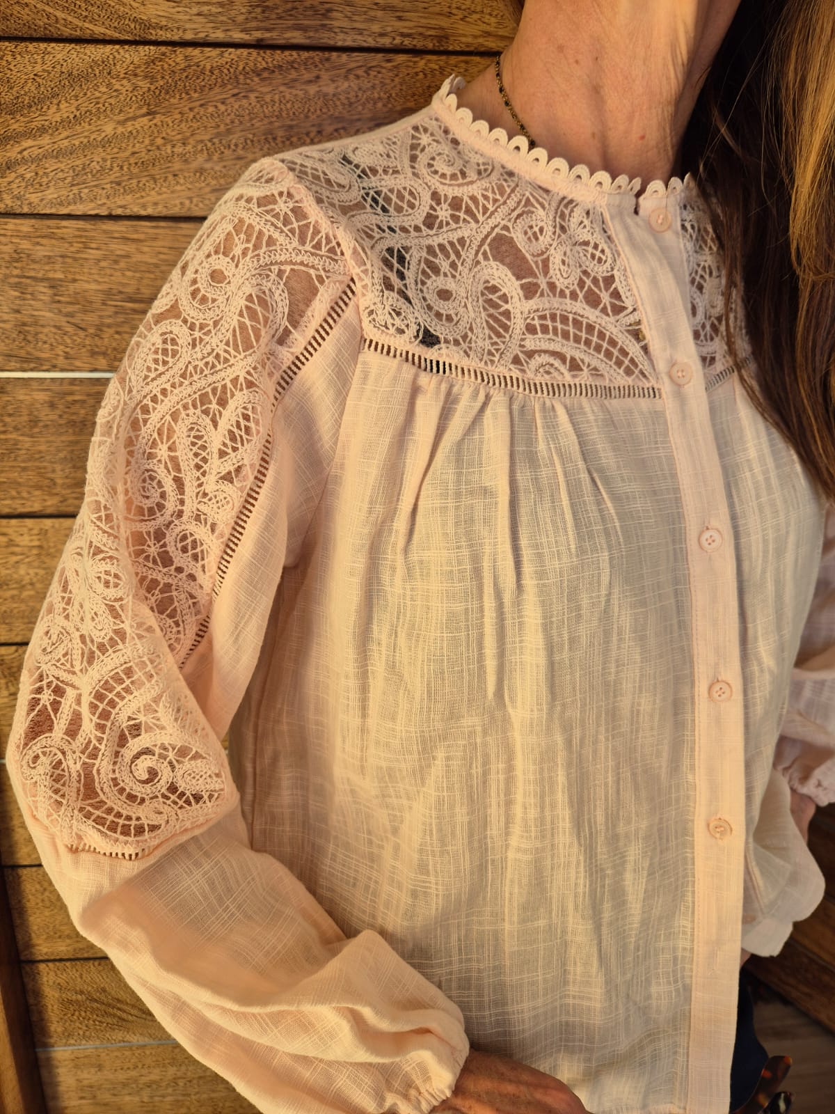 Blush Pink Blouse with Lace detail on Front & Sleeve