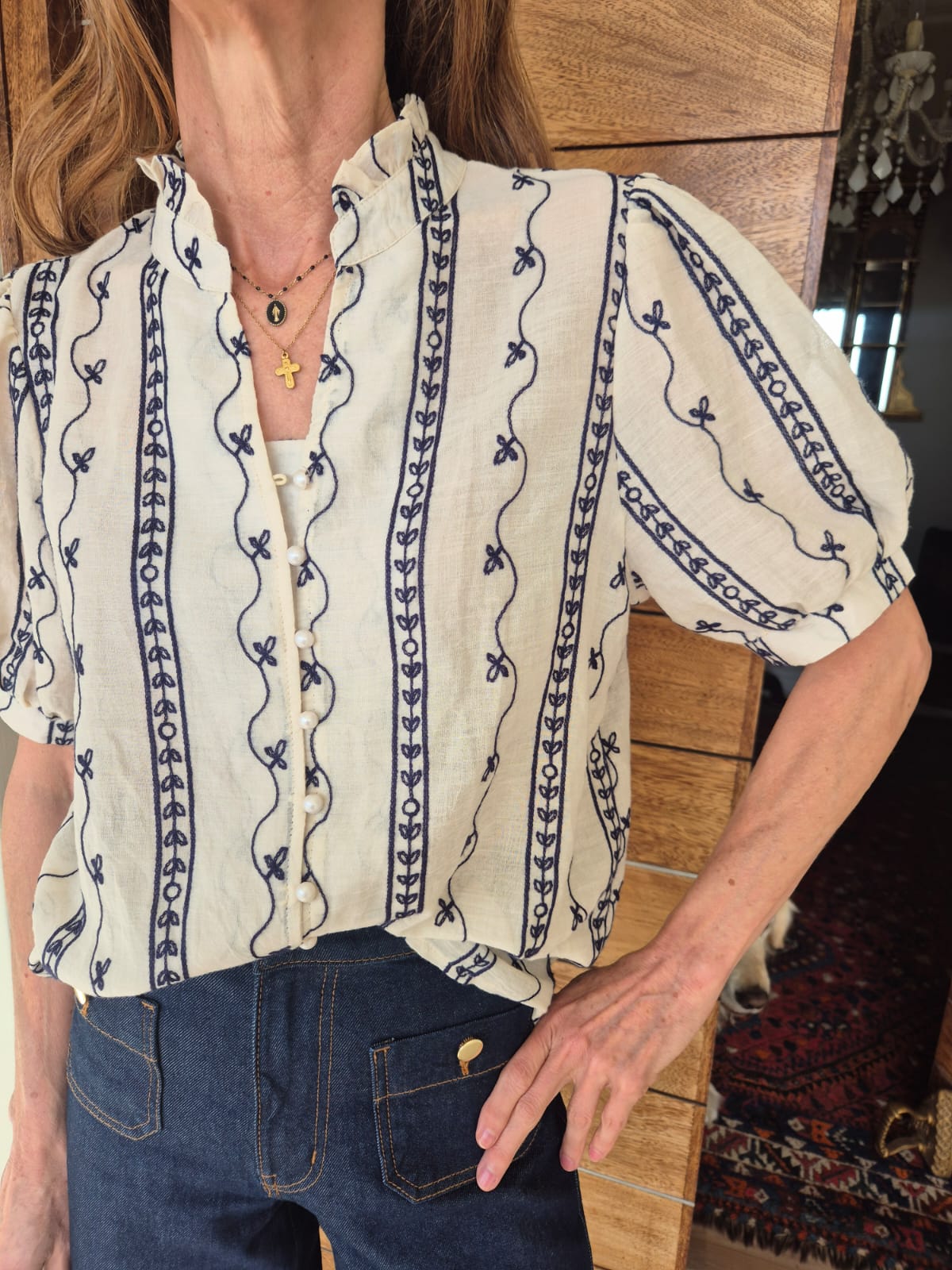 Sheer Blouse with Navy Embroidery
