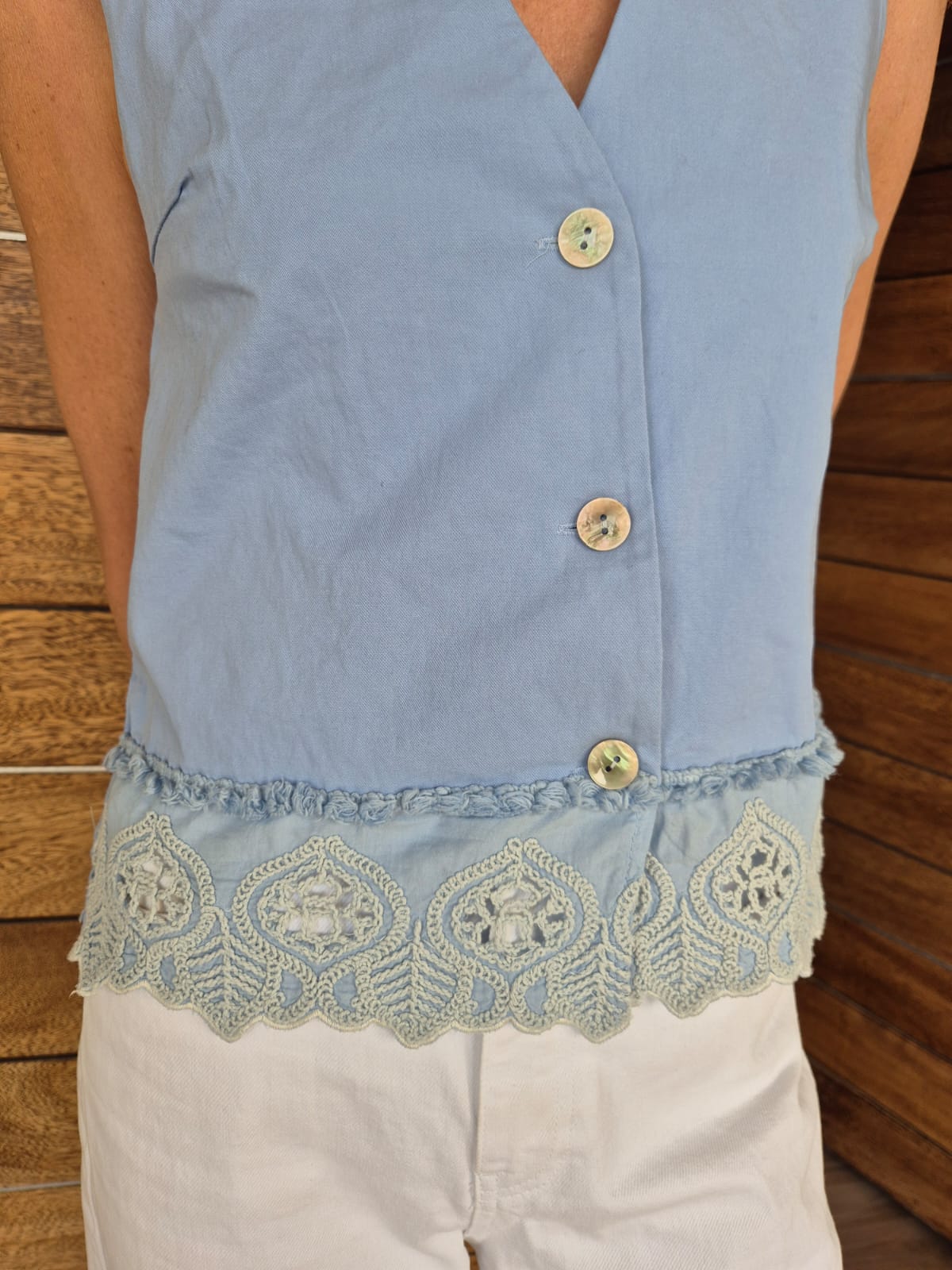 Ice Blue Waistcoat with Embroidery detail at bottom