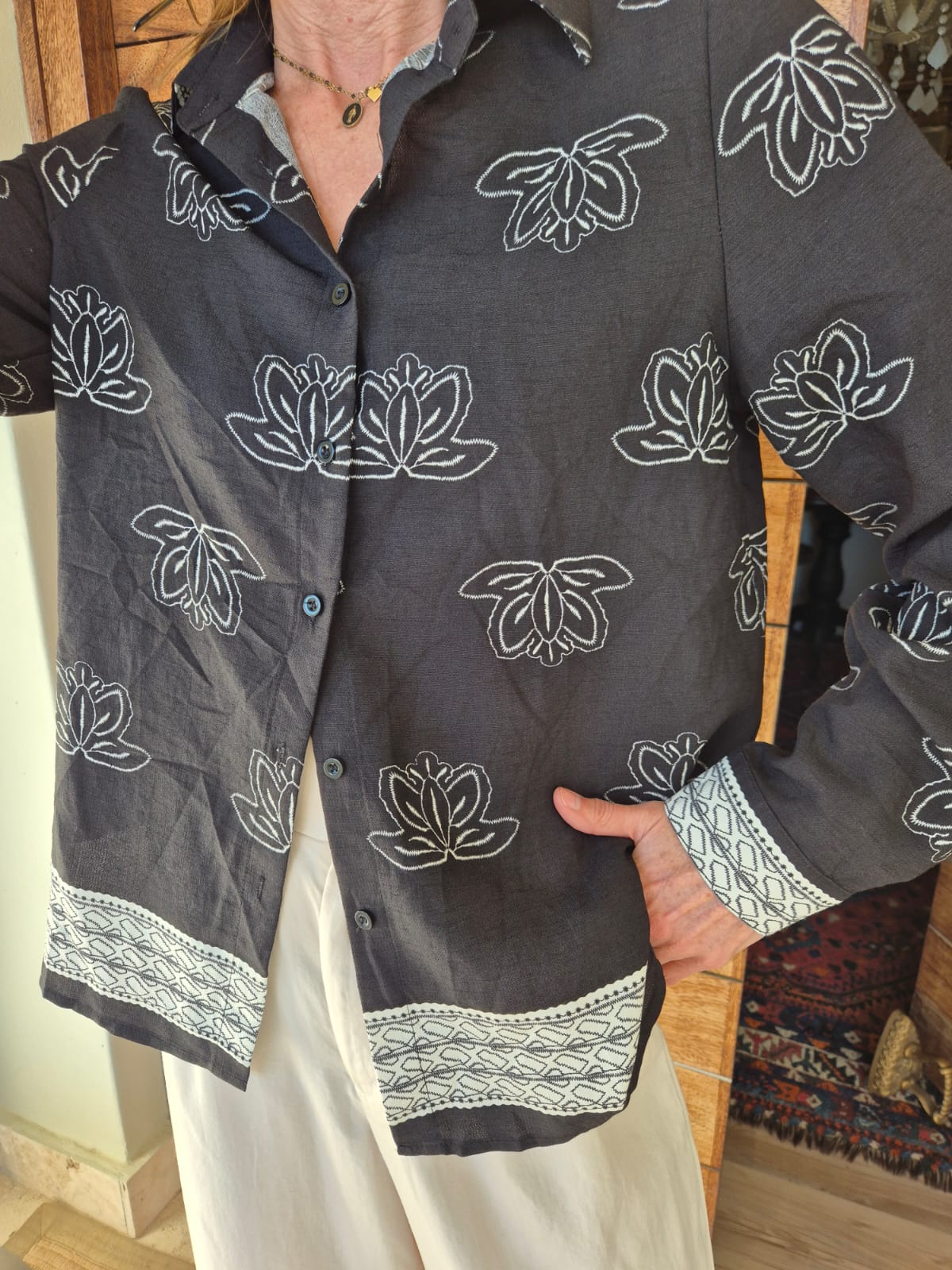 Black & Stone Blouse with Delicate Embroidery Front & Back