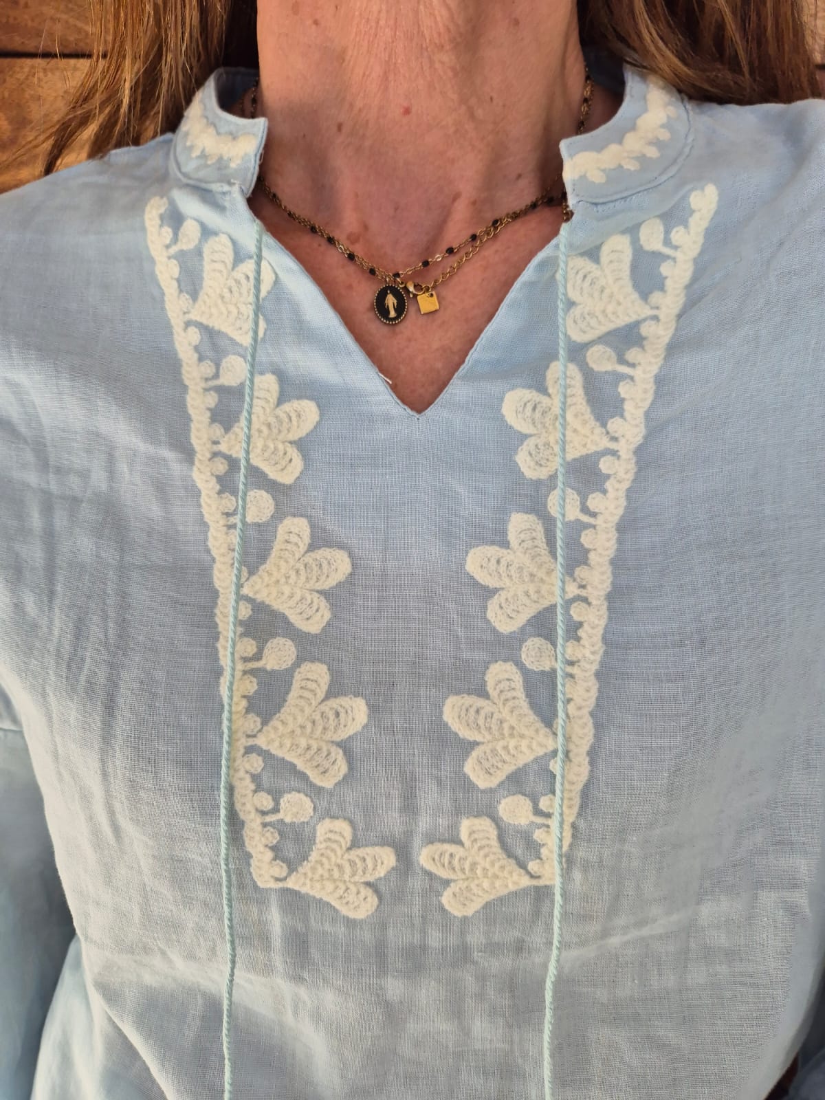 Ice Blue Blouse with Milk Embroidery