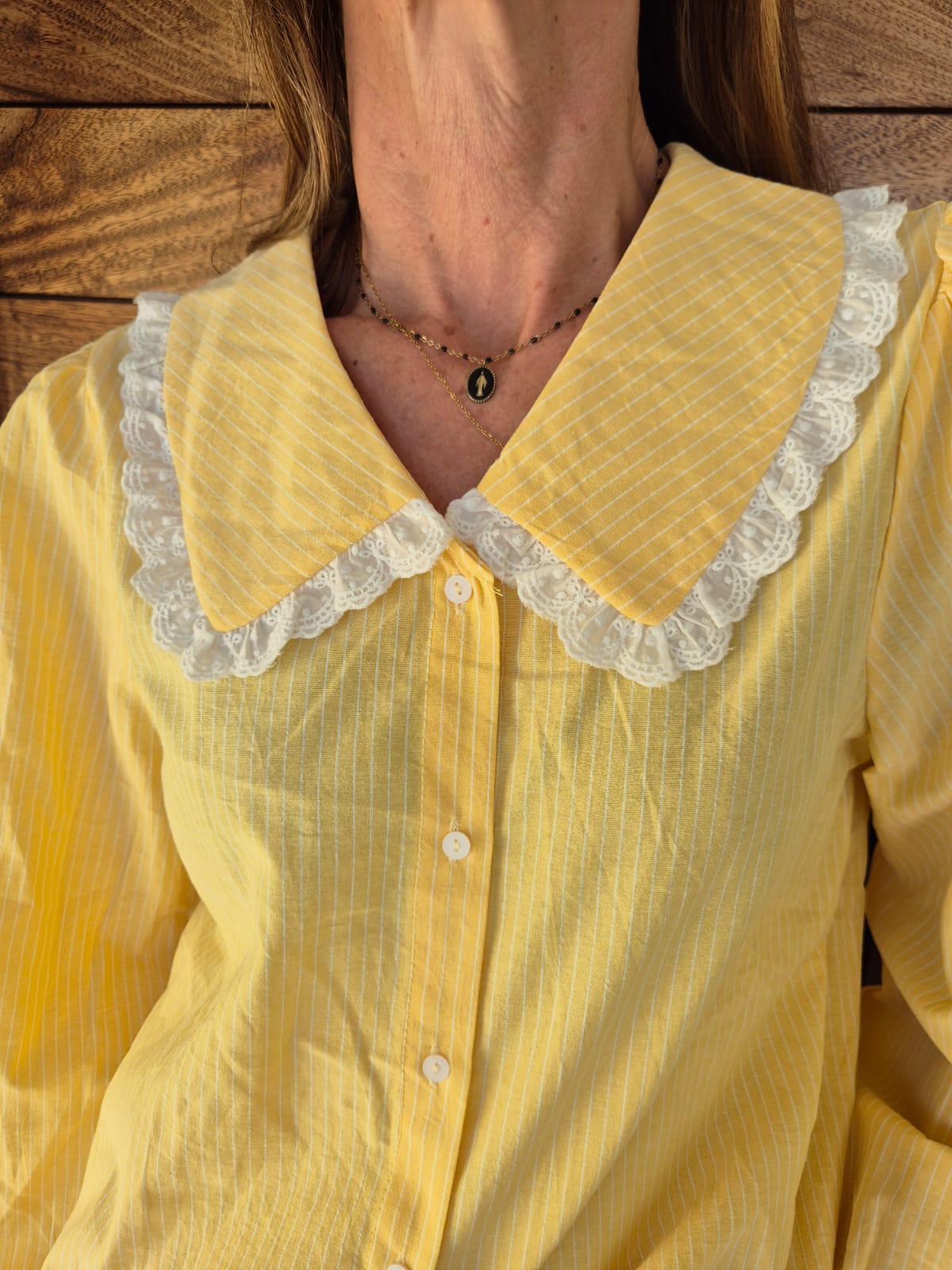 Butter Yellow Blouse with White Pinstripe Madeleine Collar with Anglaise Trim