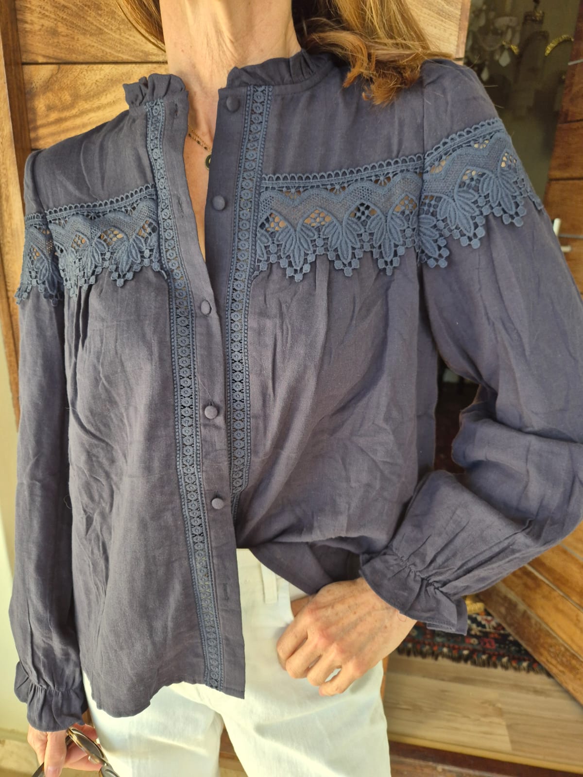 Navy Blouse with Lace & Frill detail on Front & Back