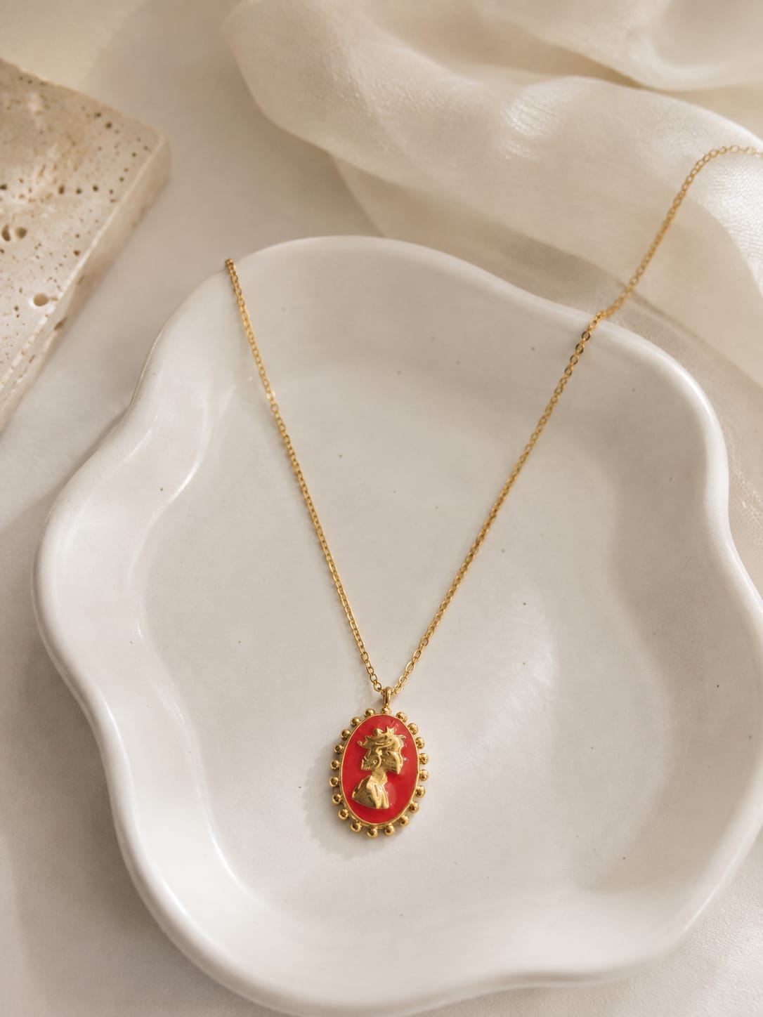 Stainless Steel Gold Necklace with Orange Pendant
