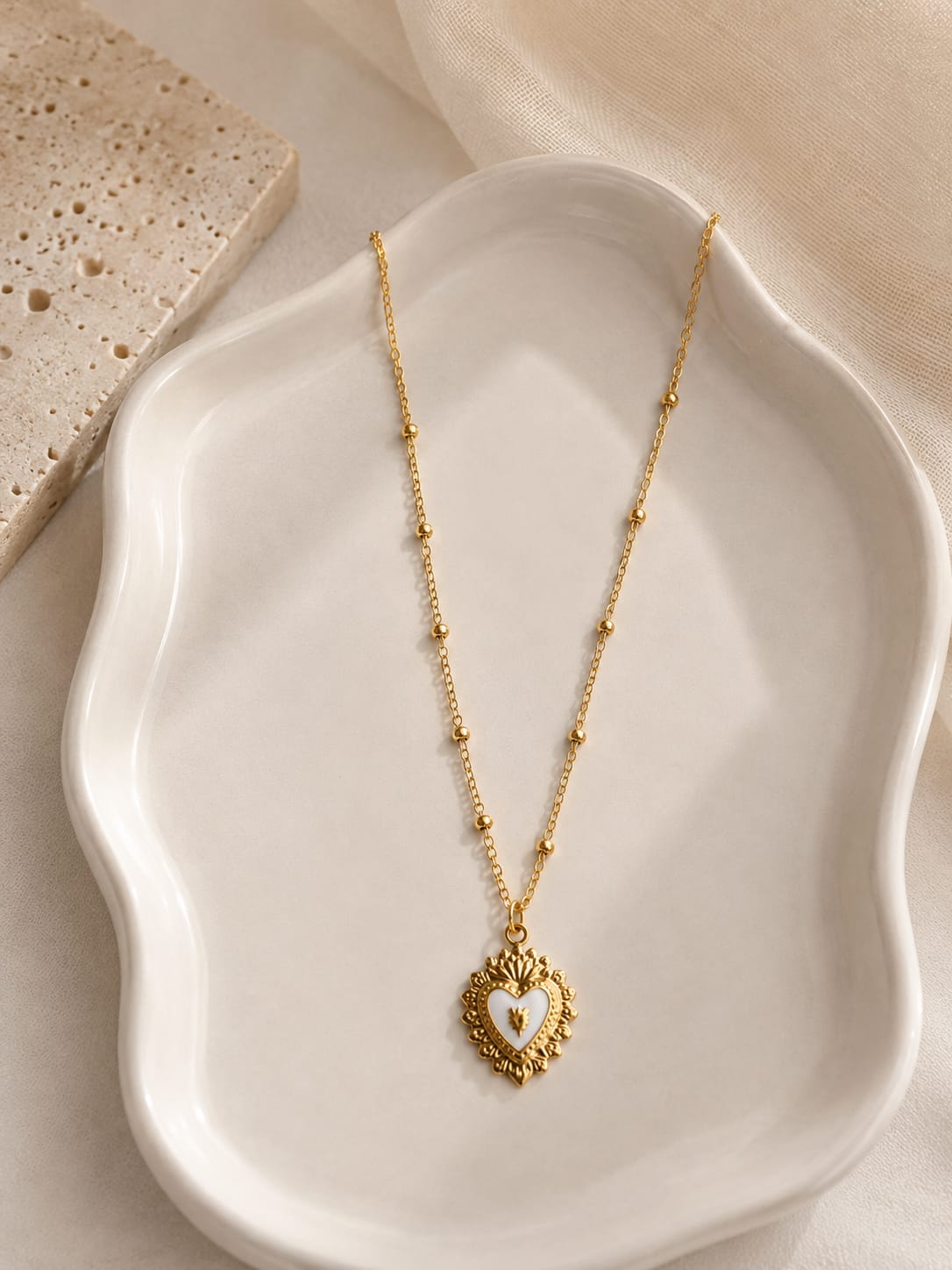 Stainless Steel Gold Necklace with White heart Pendant