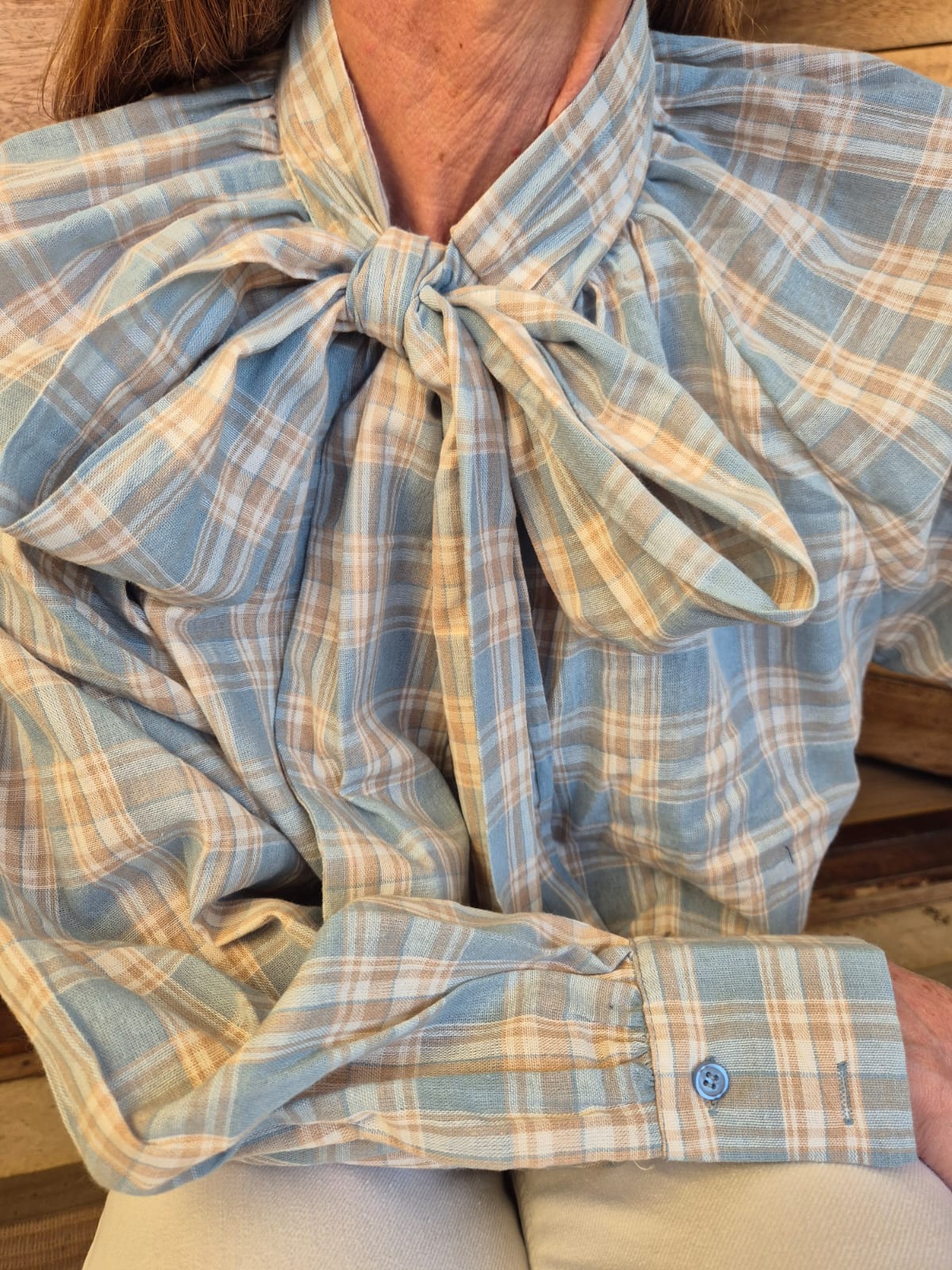 Blue & Stone Check Shirt with Pussybow detail.