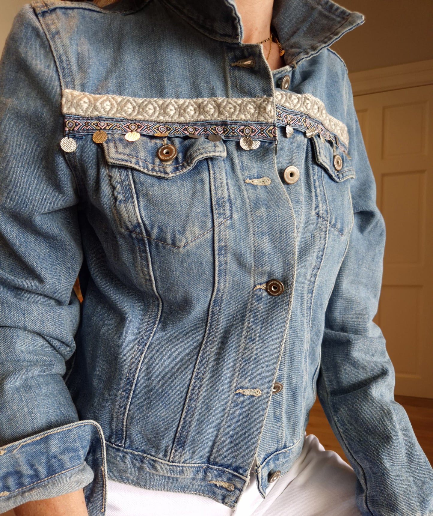 Denim jacket with ribbon, fringe and bling detail