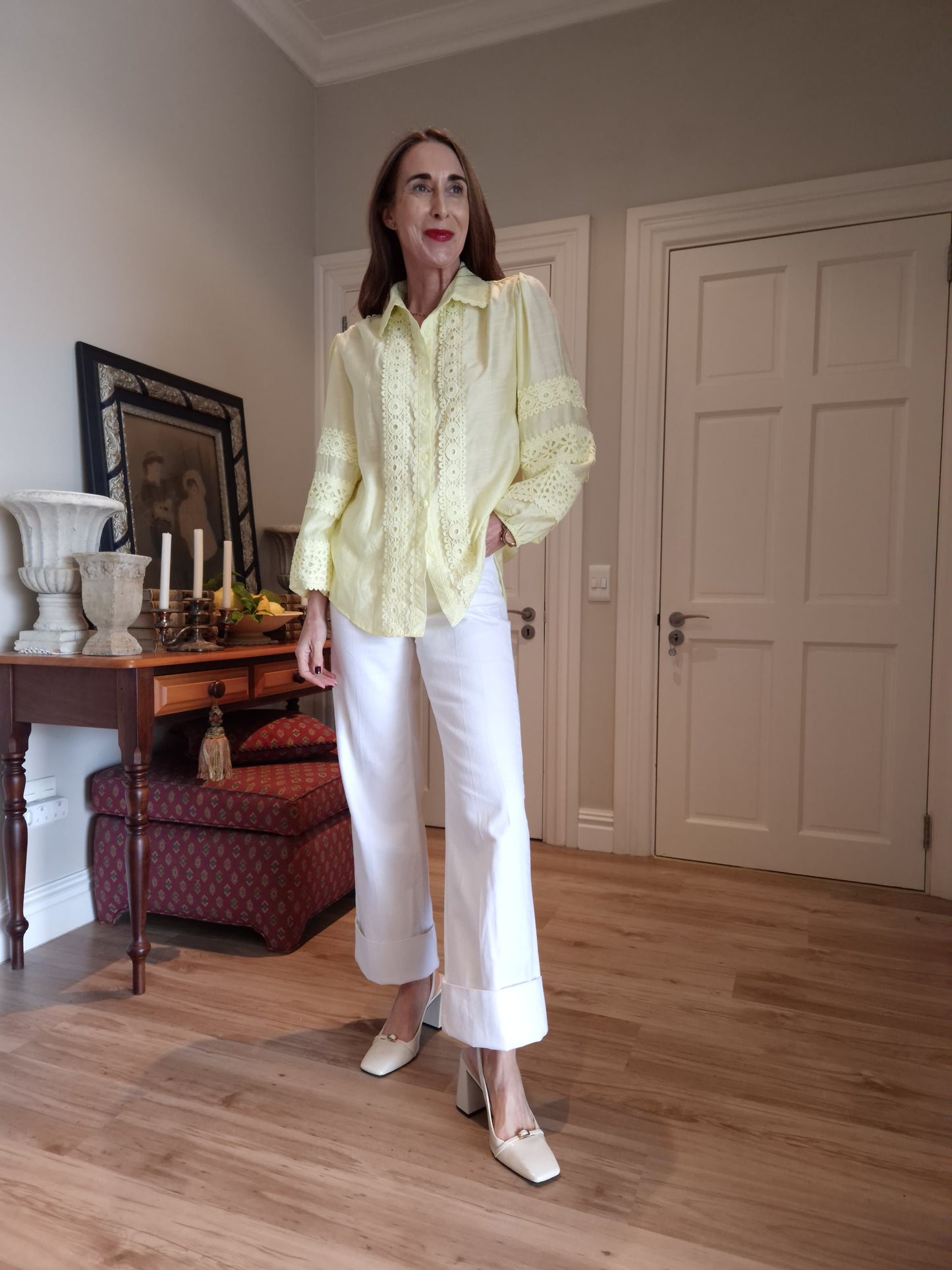 Button down blouse with lace detail and elasticated cuff