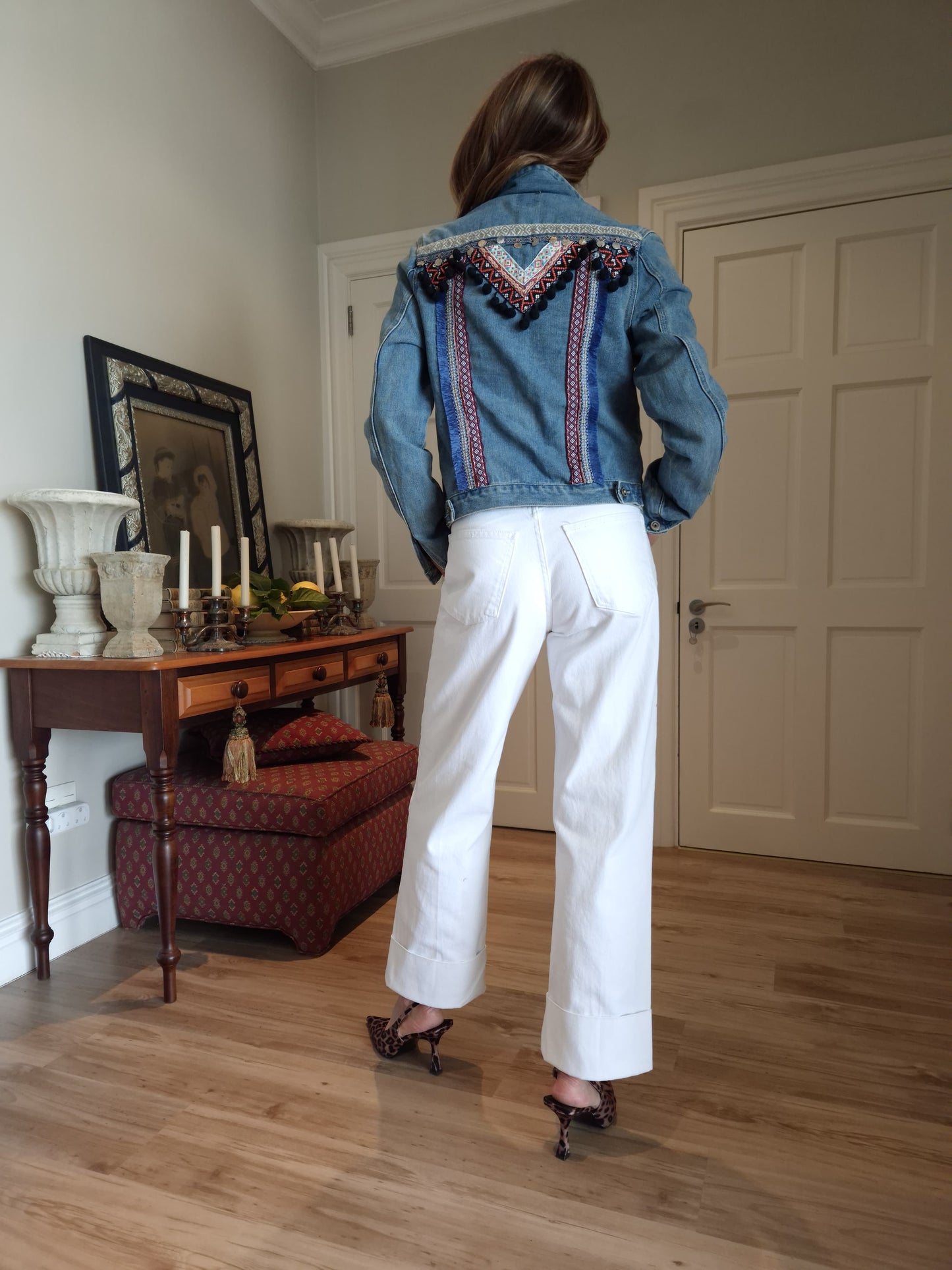 Denim jacket with ribbon, fringe and bling detail