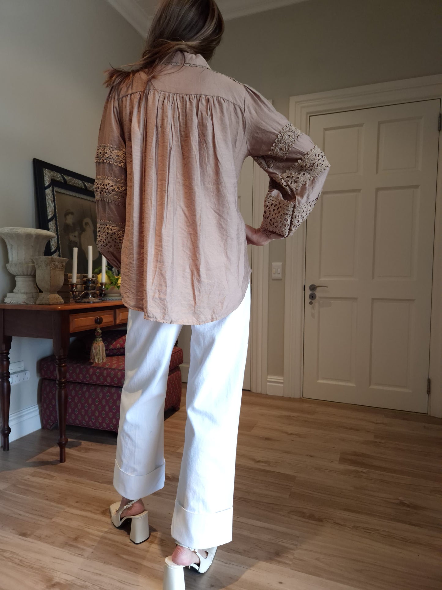 Button down blouse with lace detail and elasticated cuff