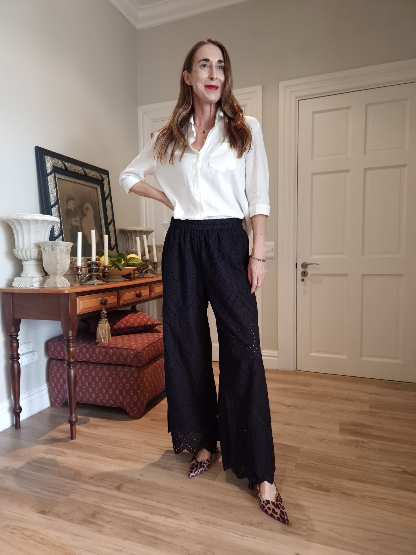Black anglaise pant with elasticated waist