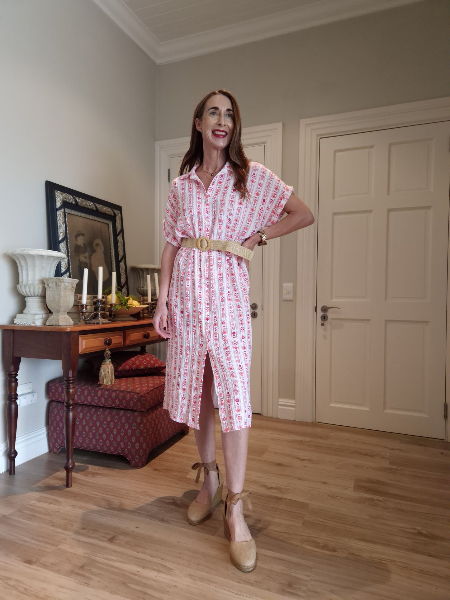 Muslin button down dress with belt and side slits