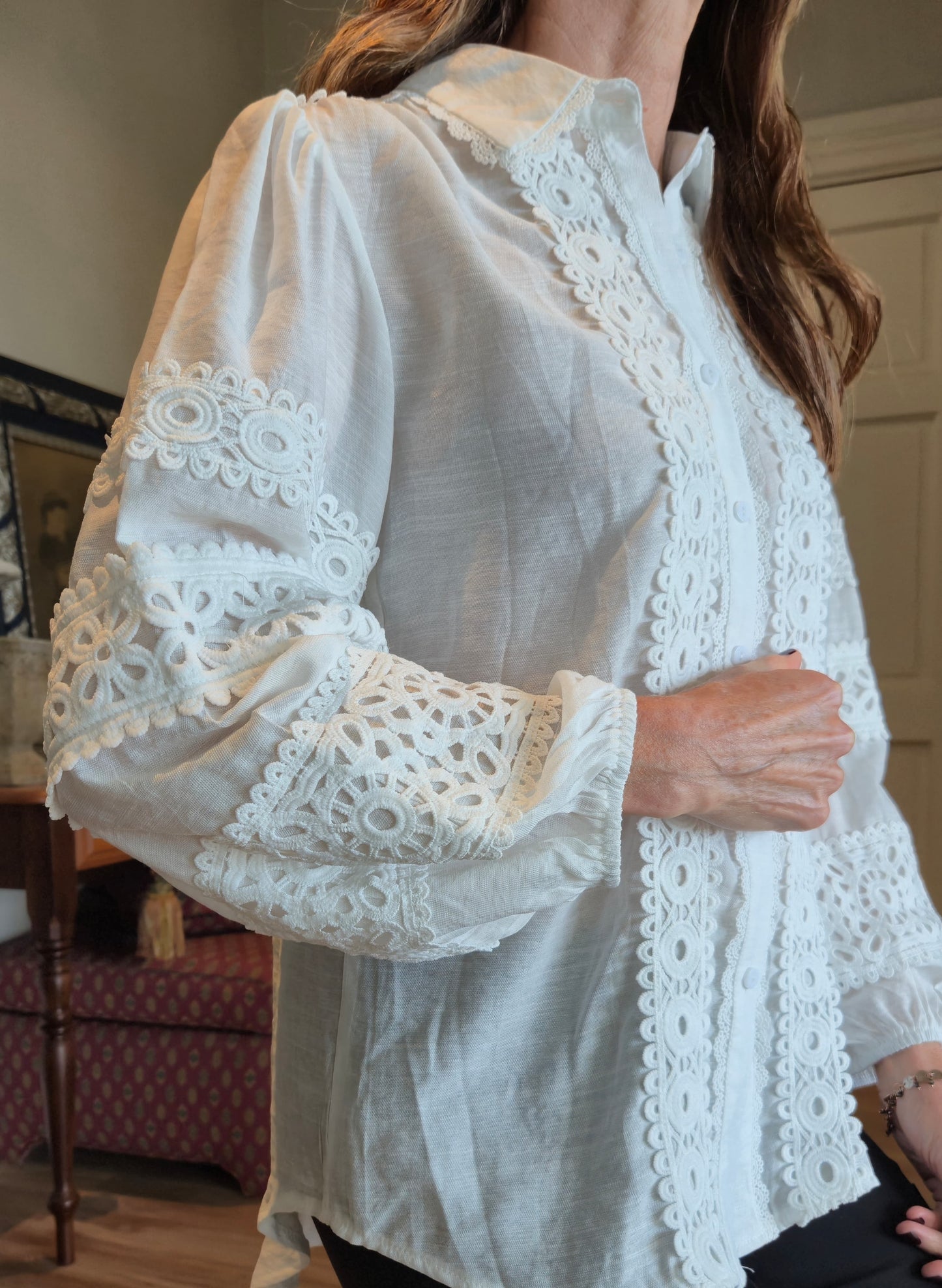 Button down blouse with lace detail and elasticated cuff