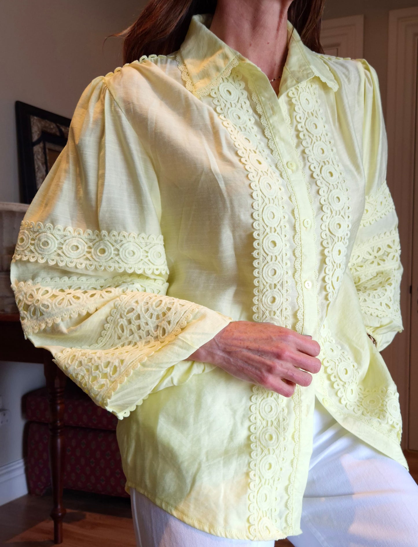 Button down blouse with lace detail and elasticated cuff