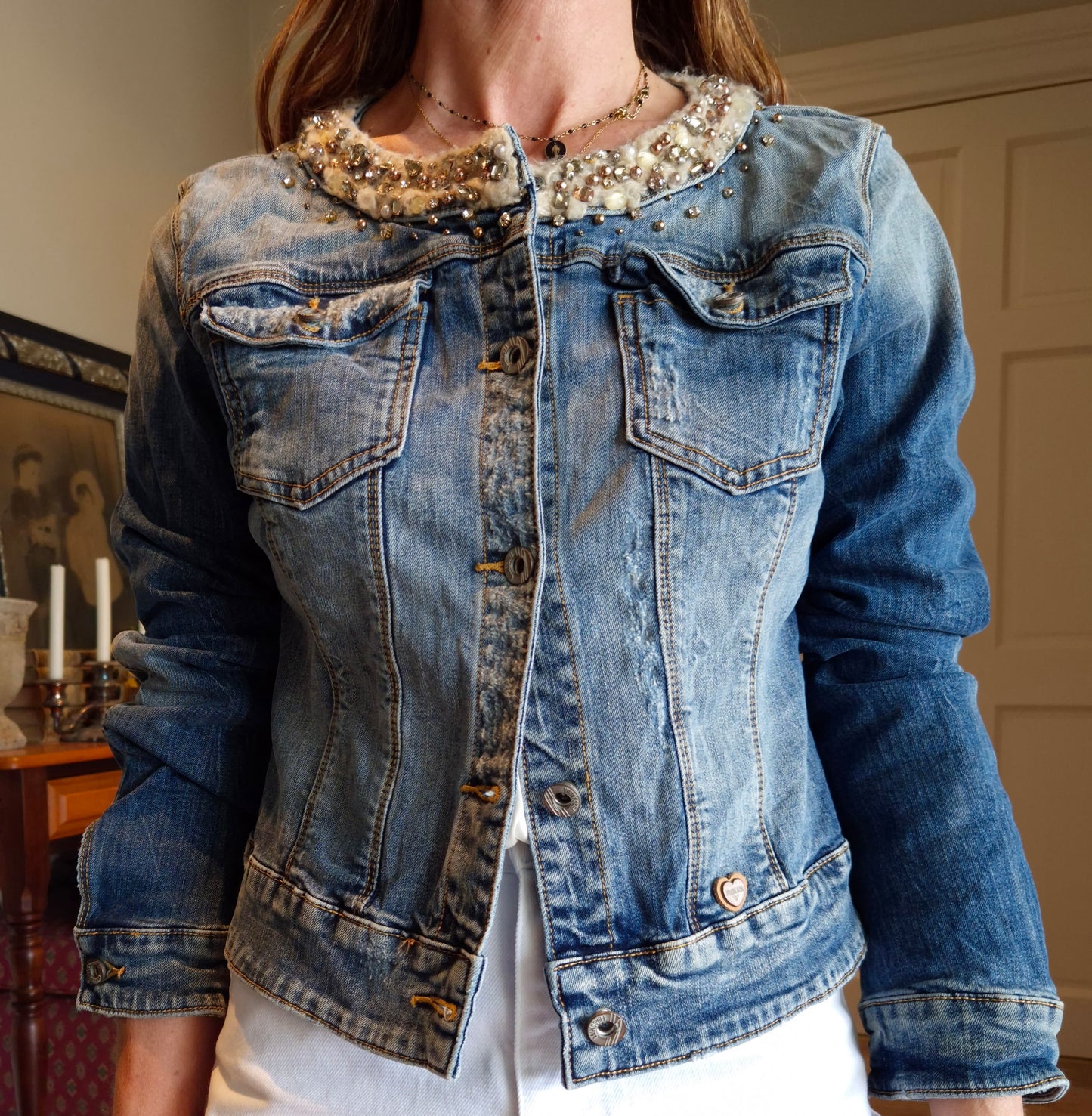 Denim jacket with bling around the neck