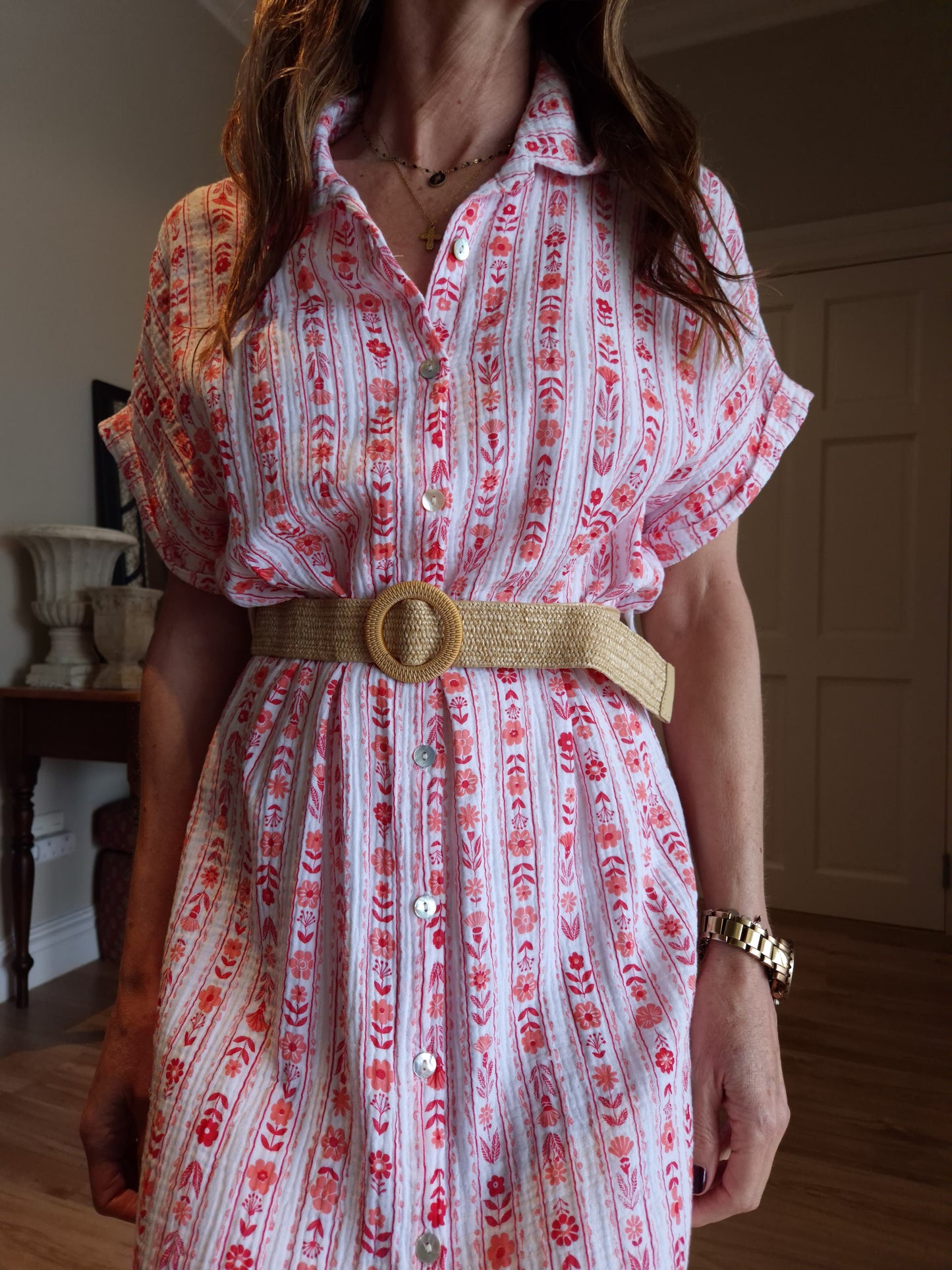 Muslin button down dress with belt and side slits
