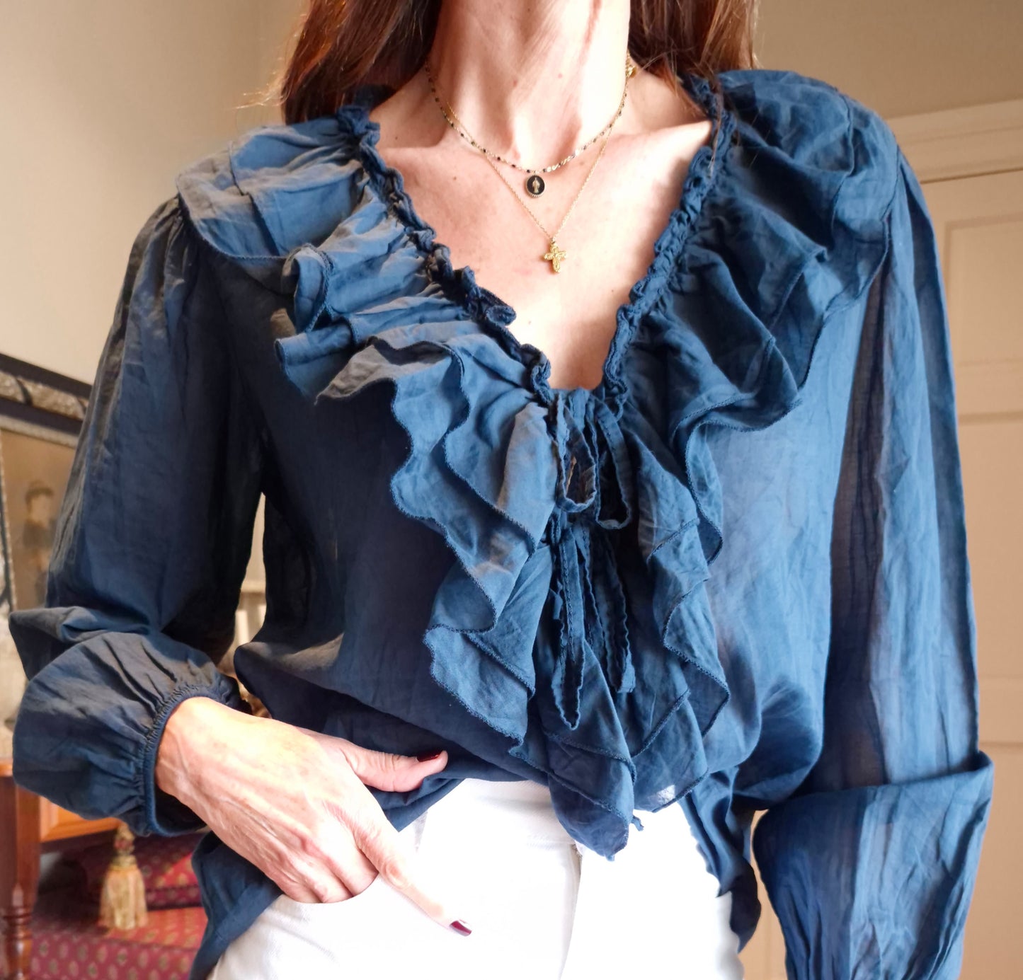 Navy frill detail blouse with elasticated sleeve