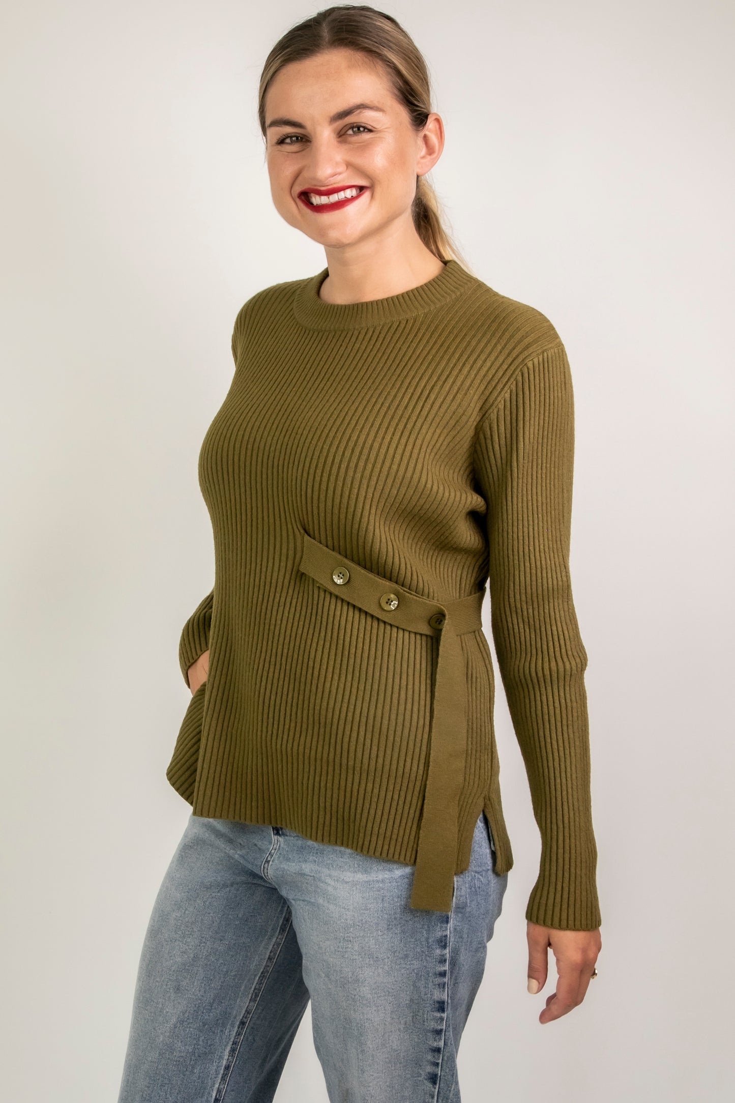 Knit top with side belt