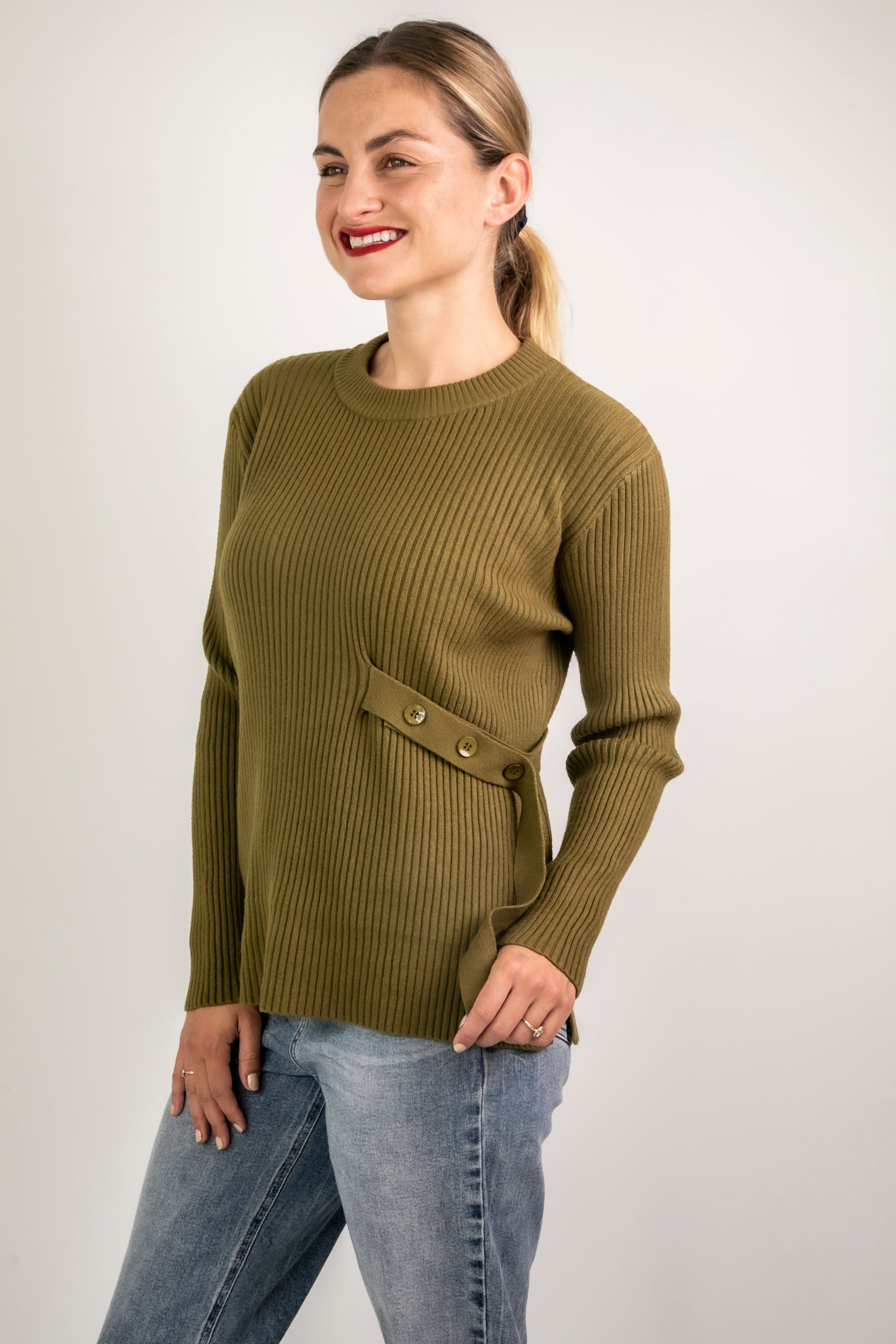 Knit top with side belt