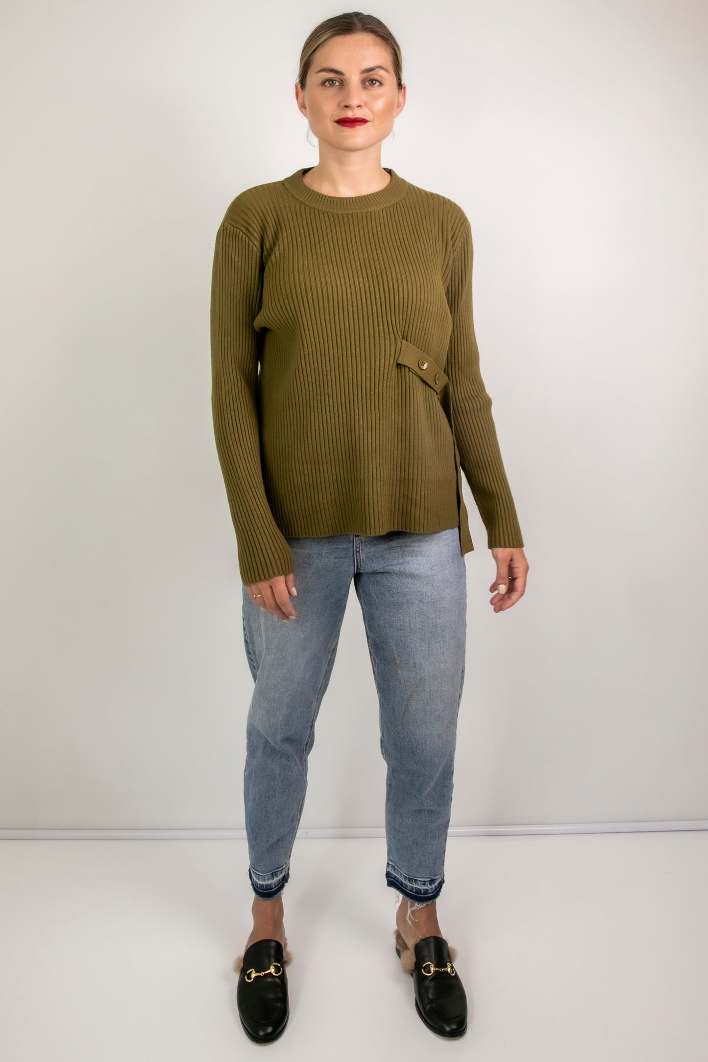 Knit top with side belt