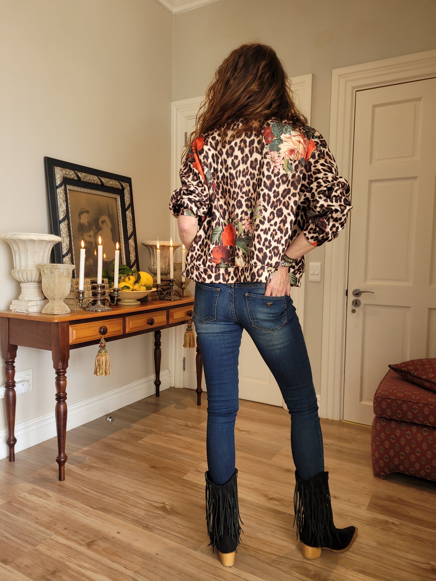 Leopard/rose print jacket.