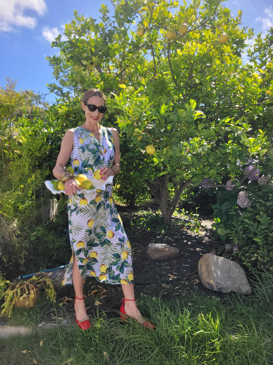 Carina sleeveless dress with mandarin collar, side slits and pockets