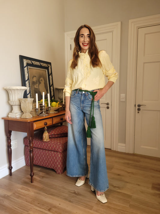 Yellow/white pinstripe button down shirt.