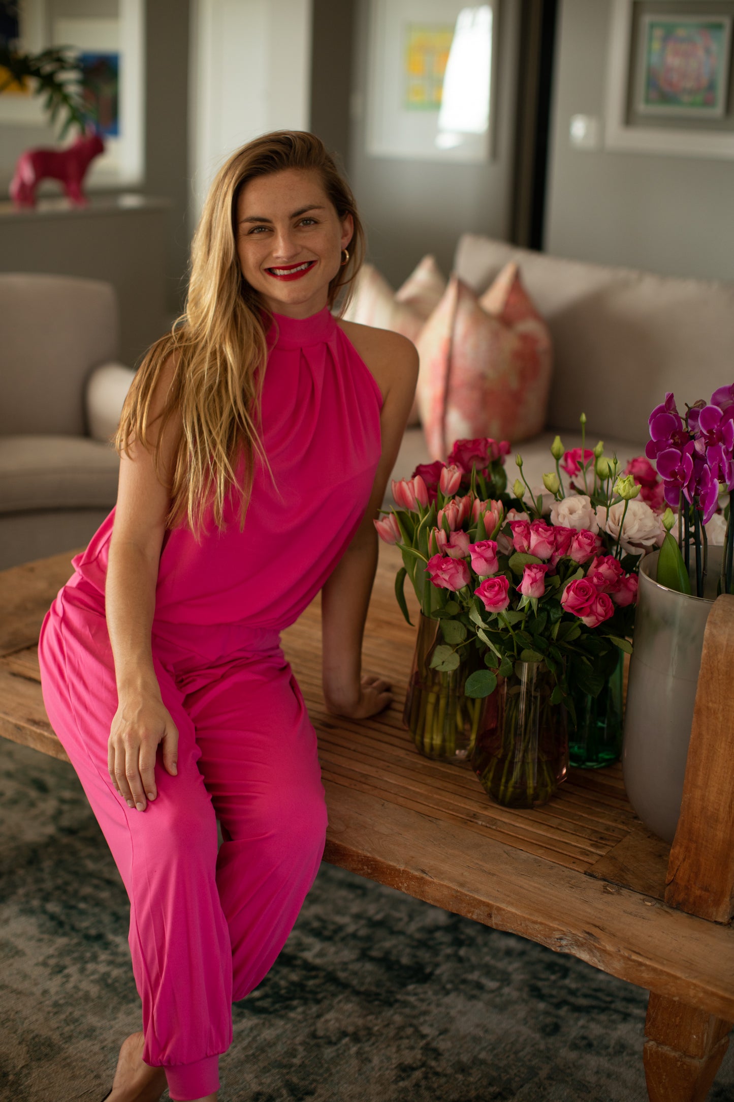 Felicite Halterneck Jumpsuit - Hot Pink Bon Bon