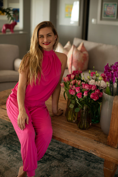 Felicite Halterneck Jumpsuit - Hot Pink Bon Bon