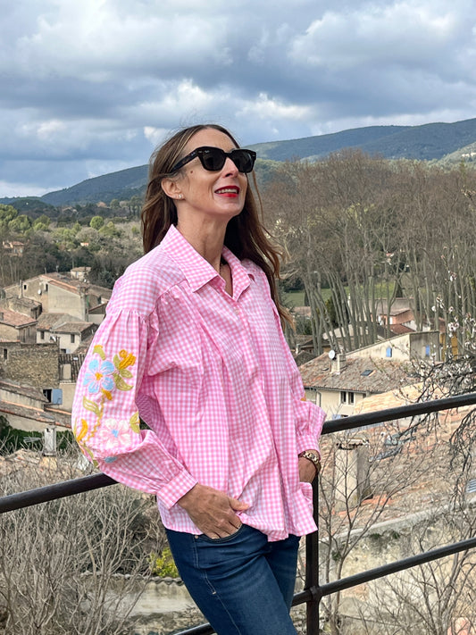 Button down oversize pink/white gingham shirt with embroidered sleeves.