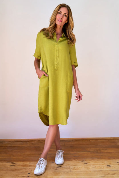 Linen dress with collar and curved hem, pockets - Pistachio