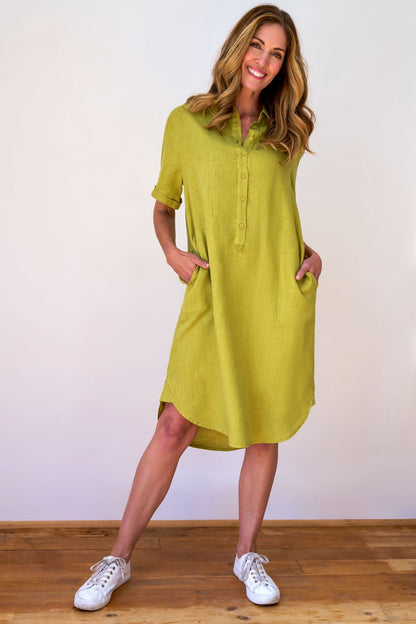 Linen dress with collar and curved hem, pockets - Pistachio