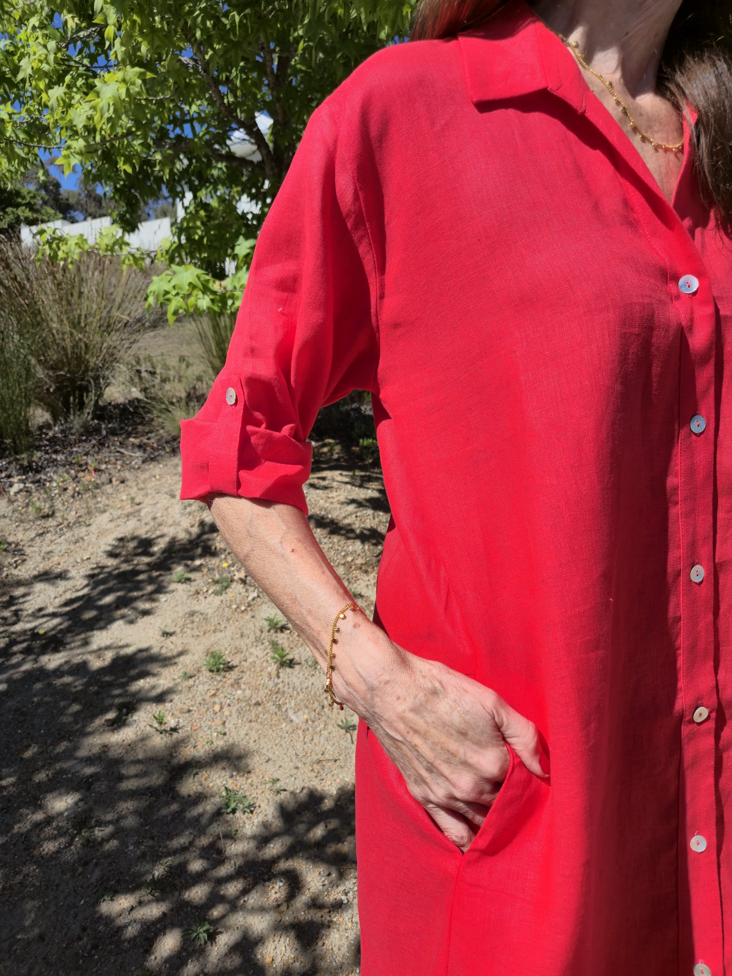 Meryl Linen button dress with roll sleeves