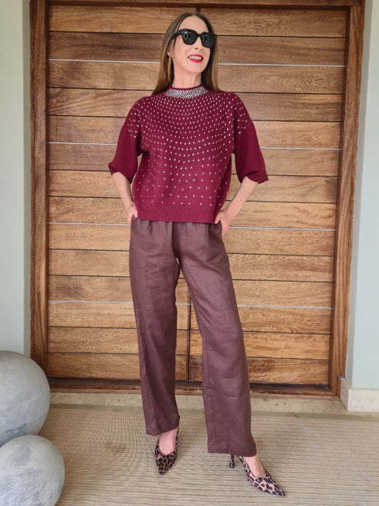 Bordeaux three-quarter sleeve knit with bling stone detail.