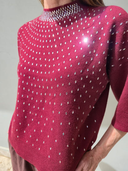 Bordeaux three-quarter sleeve knit with bling stone detail.