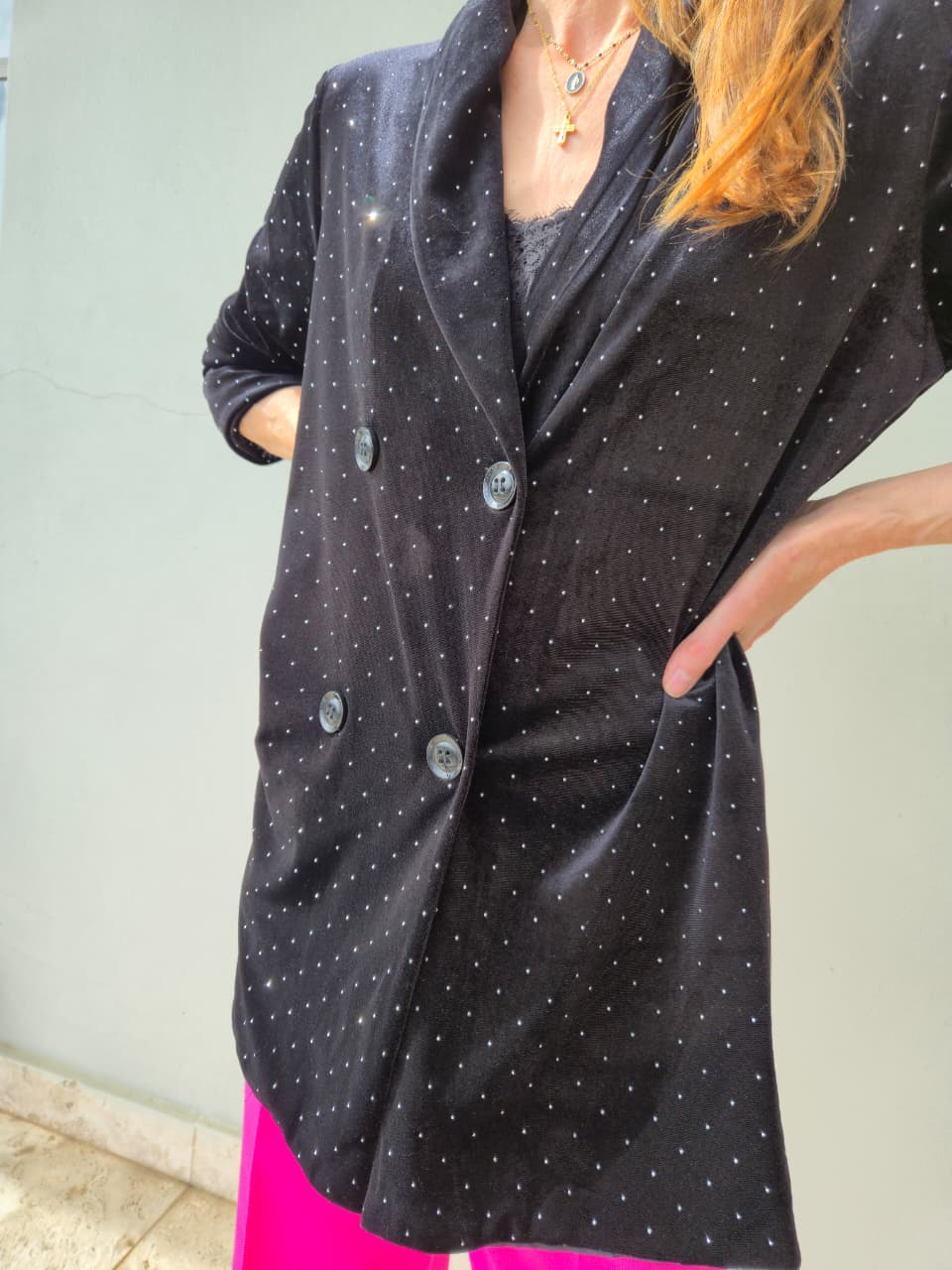 Fully lined black velvet jacket with bling detail and buttons.