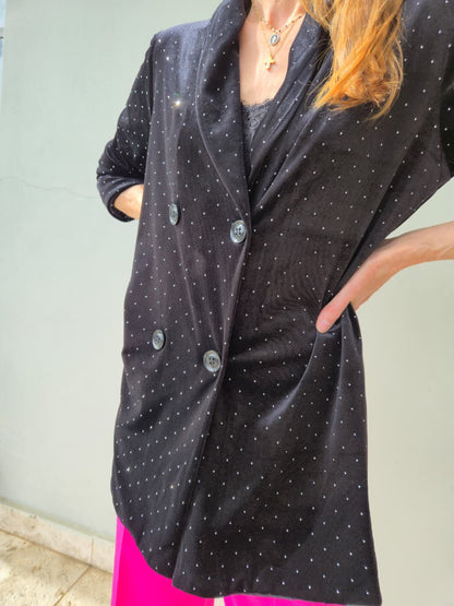 Fully lined black velvet jacket with bling detail and buttons.