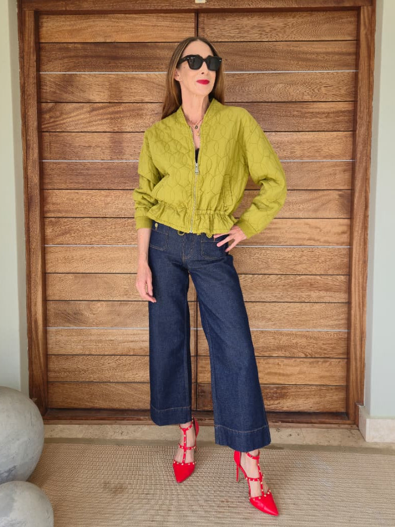 Chartreuse bomber jacket with side pockets, zip, drawstring and elasticated cuff.